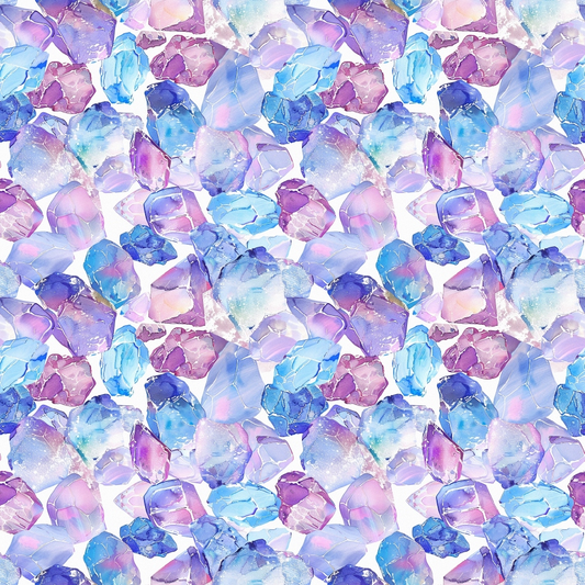 Pattern of watercolor gemstones in shades of purple, blue, and pink.