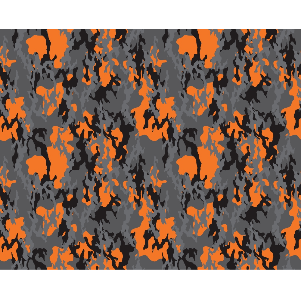 Orange, black, and gray camouflage pattern with an abstract, irregular design.