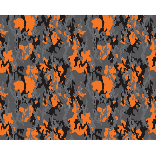 Orange, black, and gray camouflage pattern with an abstract, irregular design.