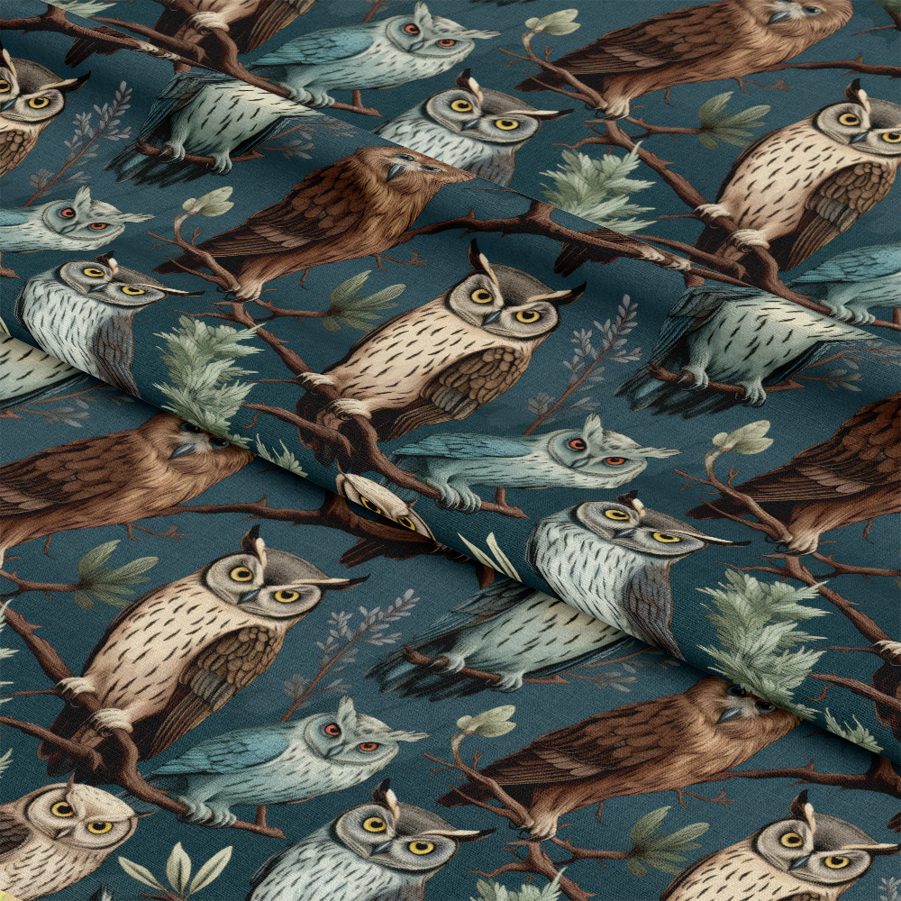 • Owl Ephemera Pattern 5 Quilting Cotton Fabric • blue background • brown, beige, grey, teal owls • woodland themed • branches, leaves • cotton textile • quilting material • nature inspired • soft texture • decorative print • bird motifs • autumn colors • craft fabric • sewing project material • animal design