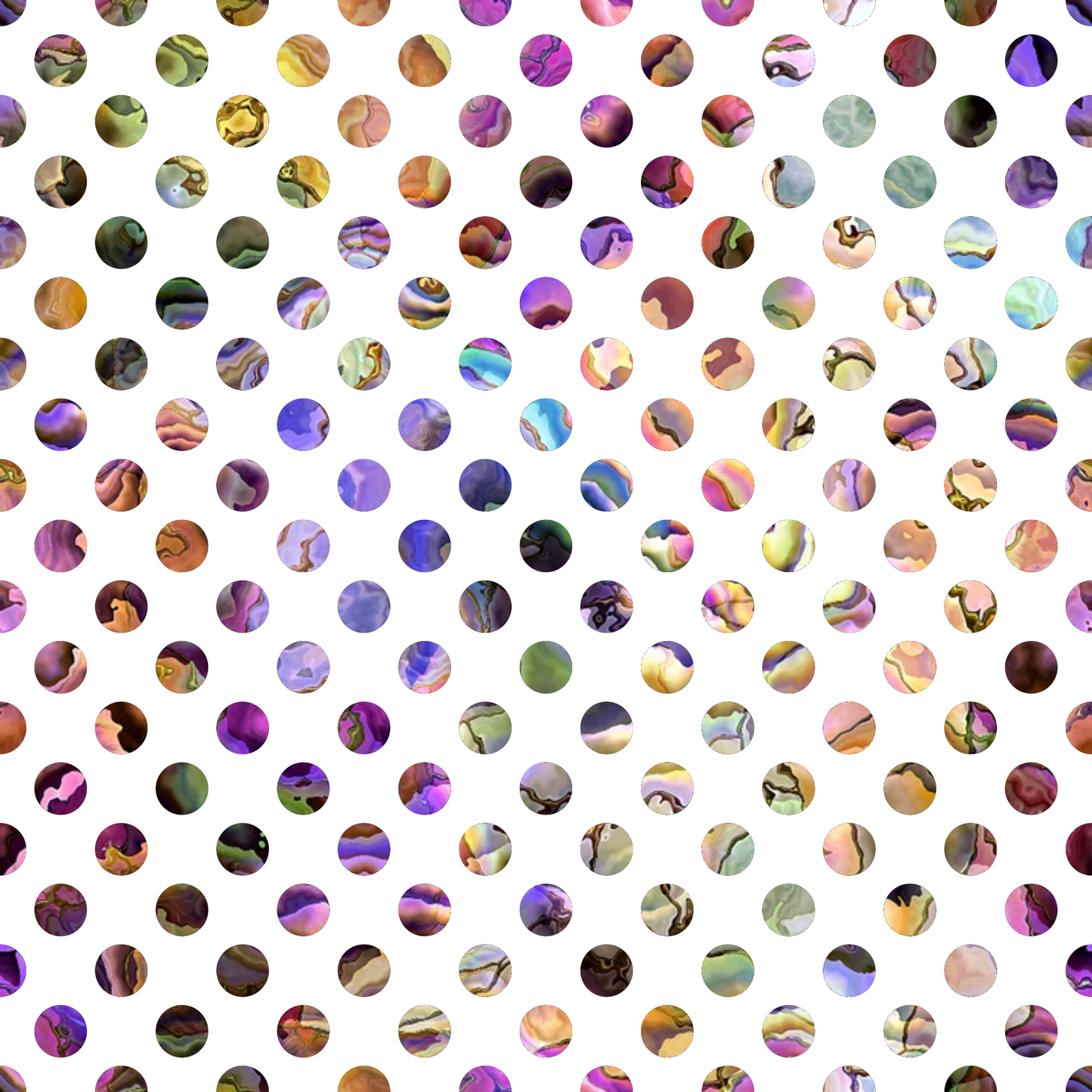 oyster shell, iridescent, pearl, circular dots, polka dot pattern, ocean inspired, sea shell, lustrous, shimmery, purple hues, green tones, pink accents, blue highlights, golden shimmer, nautical theme, marine life, quilting cotton, fabric panel, mother of pearl, opalescent finish