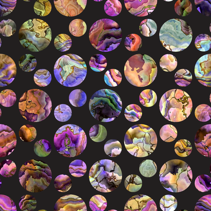 oyster shells, iridescent colors, purple hues, pink tones, green shades, blue accents, rainbow colors, mother of pearl, circular pattern, geometric circles, ocean inspired, seashell motif, natural textures, shimmery finish, holographic effect, quilting cotton, fabric panel, marine theme, lustrous surface, varied sizes