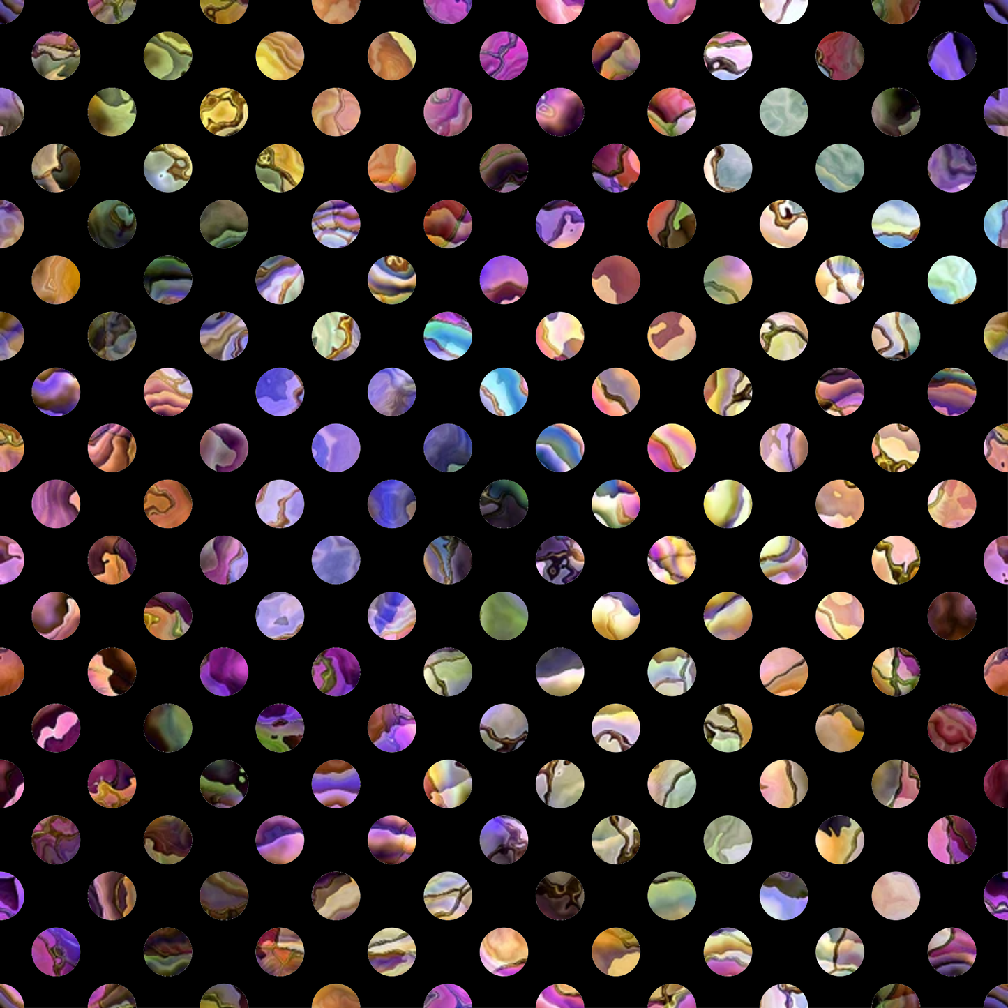 oyster shells, iridescent circles, pearl luster, pastel colors, purple hues, pink tones, golden yellow, seafoam green, mother of pearl, holographic effect, circular pattern, polka dots, ocean treasures, shimmery surface, quilting cotton, fabric panel, nautical theme, beach inspired, rainbow shimmer, black background