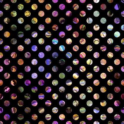 oyster shells, iridescent circles, pearl luster, pastel colors, purple hues, pink tones, golden yellow, seafoam green, mother of pearl, holographic effect, circular pattern, polka dots, ocean treasures, shimmery surface, quilting cotton, fabric panel, nautical theme, beach inspired, rainbow shimmer, black background