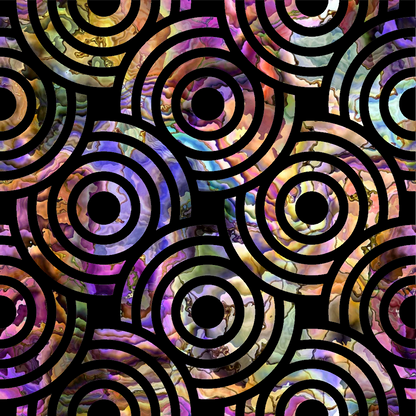 oyster shell, iridescent, circular patterns, concentric circles, mother of pearl, purple, lavender, gold, green, rainbow colors, holographic effect, geometric design, quilting cotton, fabric panel, swirling motifs, metallic sheen, abstract circles, nautical theme, ocean inspired, repeating pattern