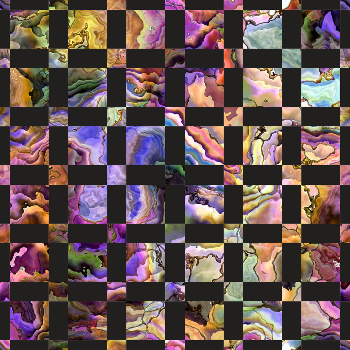 oyster shells, iridescent colors, purple hues, golden yellows, peacock blues, emerald greens, coral pinks, mother of pearl, marbled patterns, swirled textures, organic shapes, lustrous finish, quilting cotton, fabric panel, oceanic theme, seashell motifs, fluid designs, jewel tones, natural formations, checkerboard layout