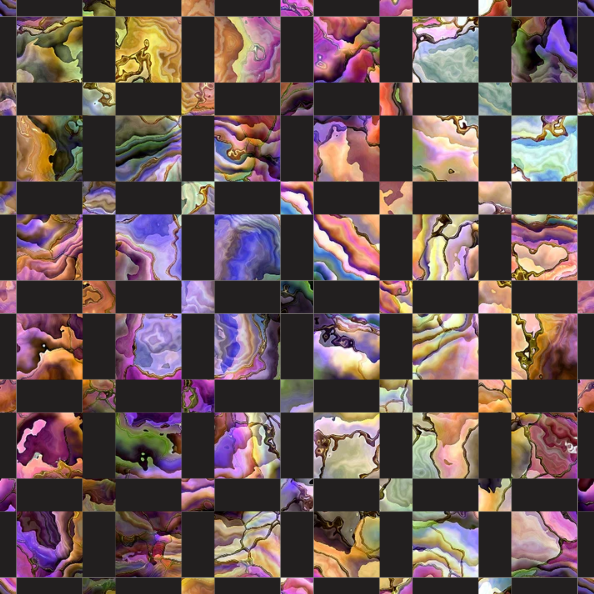 oyster shells, iridescent colors, purple hues, golden yellows, peacock blues, emerald greens, coral pinks, mother of pearl, marbled patterns, swirled textures, organic shapes, lustrous finish, quilting cotton, fabric panel, oceanic theme, seashell motifs, fluid designs, jewel tones, natural formations, checkerboard layout