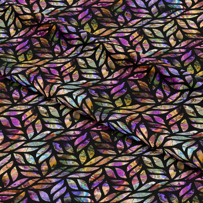 - Oyster Shell Pattern 31 Quilting Cotton Fabric  
- Multicolor leaves  
- Abstract leaf shapes  
- Purple, pink, yellow, green, black  
- Textured, natural, organic  
- Soft, durable cotton  
- Quilting material, textile design  
- Artistic, vibrant colors  
- Decorative, home craft fabric