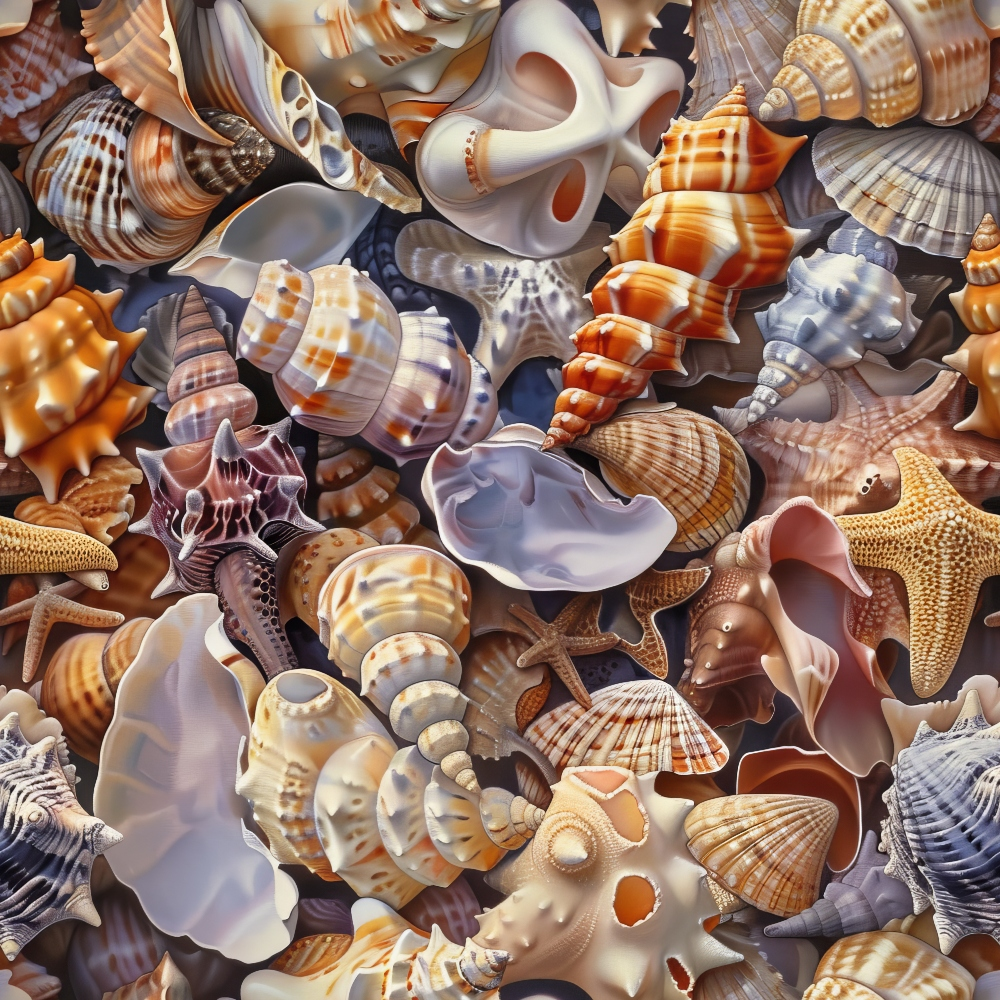 A variety of seashells and starfish scattered in a pile, showcasing different shapes, sizes, and colors with intricate patterns and textures.