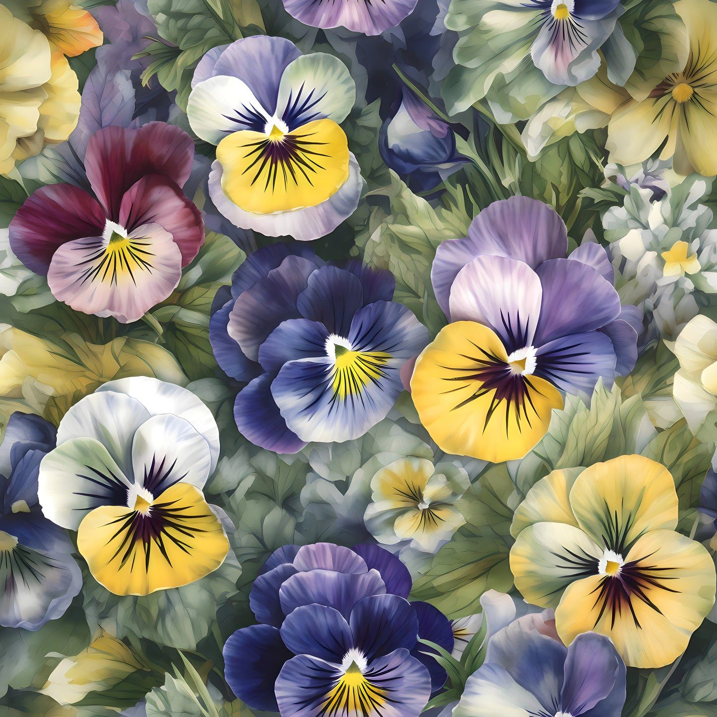 pansy flowers, purple petals, yellow centers, blue blooms, lavender hues, white flowers, green foliage, floral pattern, botanical design, quilting cotton, fabric panel, garden flowers, spring blooms, realistic style, dense arrangement, vibrant colors, nature motif, cottage garden, flower faces, seamless repeat