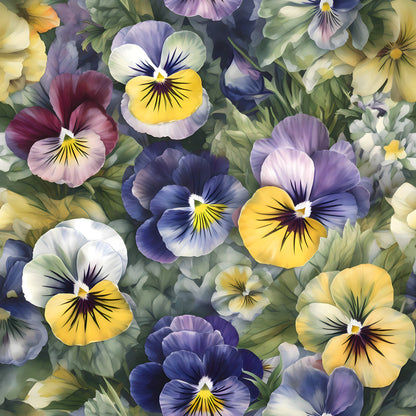 pansy flowers, purple petals, yellow centers, blue blooms, lavender hues, white flowers, green foliage, floral pattern, botanical design, quilting cotton, fabric panel, garden flowers, spring blooms, realistic style, dense arrangement, vibrant colors, nature motif, cottage garden, flower faces, seamless repeat