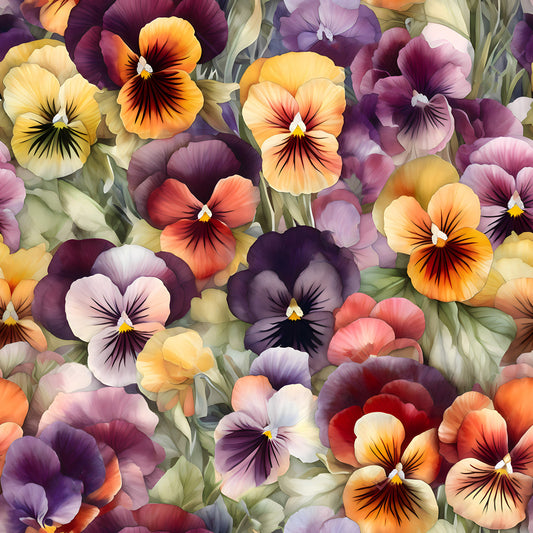 pansy flowers, purple petals, orange blooms, yellow pansies, coral flowers, burgundy petals, lavender blossoms, floral pattern, botanical design, quilting cotton, fabric panel, garden flowers, spring blooms, watercolor style, soft pastels, green foliage, realistic flowers, dense floral, cottage garden, vibrant colors