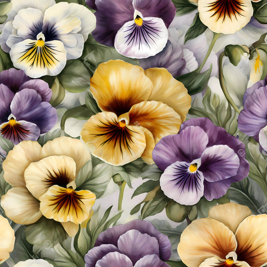 pansy flowers, purple pansies, yellow pansies, cream pansies, floral pattern, botanical design, quilting cotton, fabric panel, realistic flowers, garden flowers, spring blooms, delicate petals, green leaves, soft pastels, detailed illustration, seamless pattern, nature motif, flower faces, cottage garden, quilting fabric
