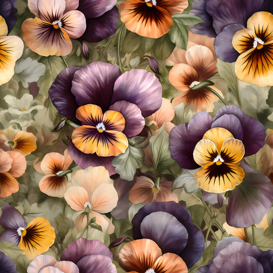 pansy flowers, floral pattern, purple petals, orange blooms, yellow flowers, peach blossoms, green leaves, botanical design, quilting cotton, fabric panel, vintage style, garden flowers, soft pastels, realistic florals, nature motif, spring theme, delicate petals, layered blooms, artistic rendering, seamless pattern
