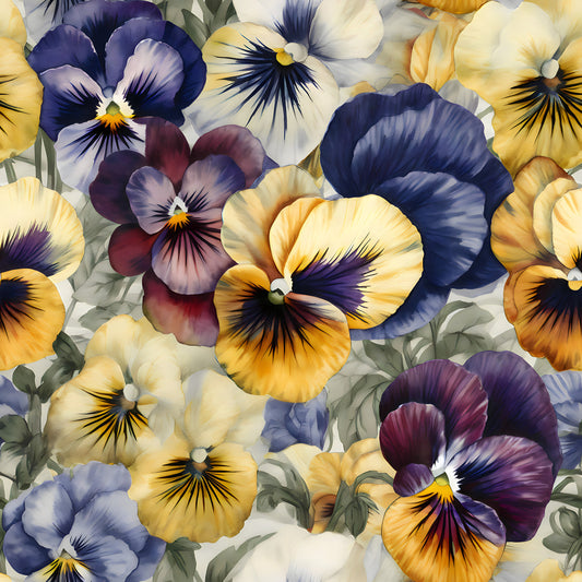 pansy flowers, floral pattern, purple petals, yellow petals, blue petals, white petals, orange petals, burgundy petals, botanical design, garden flowers, quilting cotton, fabric panel, realistic flowers, spring blooms, colorful pansies, green leaves, watercolor style, dense floral, cottage garden, flower faces