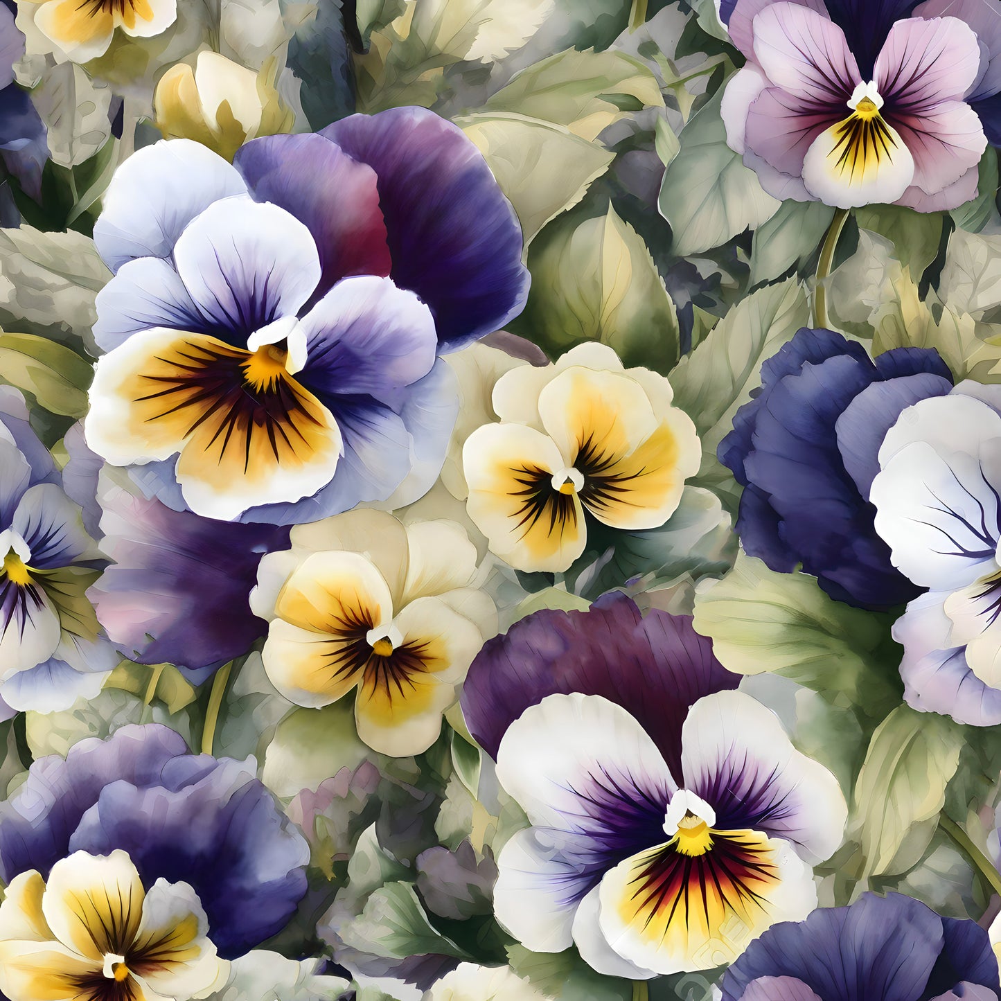 pansy flowers, purple petals, yellow centers, white blooms, lavender hues, deep violet, floral pattern, botanical design, quilting cotton, fabric panel, garden flowers, spring blooms, watercolor style, soft pastels, green foliage, delicate petals, face-like markings, clustered arrangement, nature motif, cottage garden