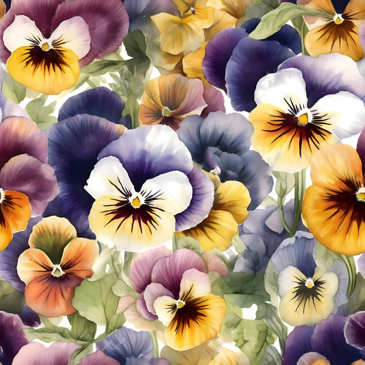 pansy flowers, purple petals, yellow centers, orange blooms, white flowers, lavender hues, floral pattern, botanical design, realistic flowers, garden blooms, spring flowers, quilting cotton, fabric panel, soft colors, delicate petals, flower faces, nature motif, feminine style, crafting material, sewing fabric