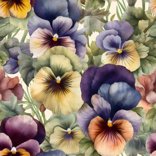 pansy flowers, floral pattern, purple pansies, yellow pansies, orange pansies, watercolor style, botanical design, quilting cotton, fabric panel, green leaves, multi-colored blooms, garden flowers, spring flowers, realistic florals, soft pastels, nature motif, artistic rendering, seamless pattern, cotton fabric, quilting material
