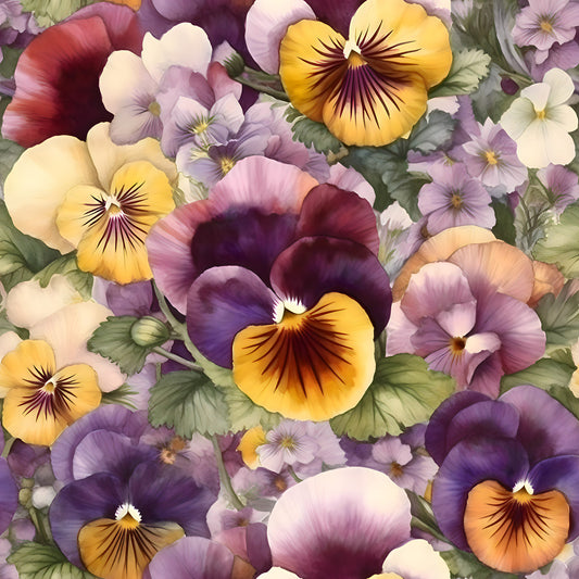 pansy flowers, purple petals, yellow petals, lavender blooms, burgundy flowers, cream colored, green leaves, floral pattern, botanical design, quilting cotton, fabric panel, garden flowers, spring blooms, realistic style, dense arrangement, cottage garden, soft pastels, nature motif, quilting material
