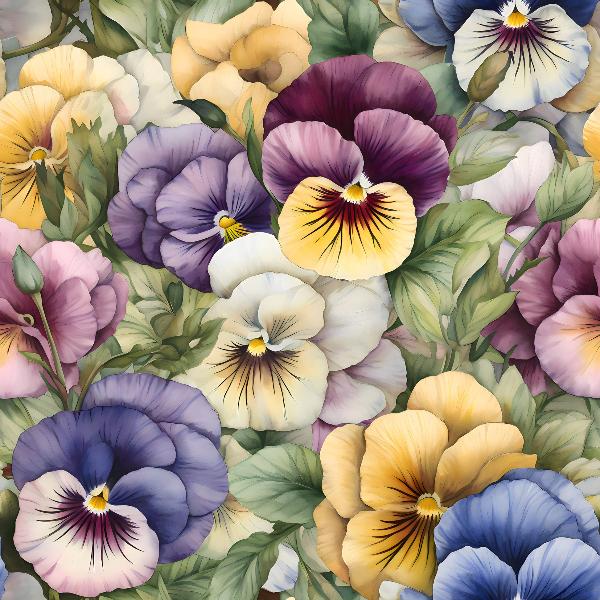 pansy flowers, floral pattern, purple pansies, yellow pansies, white pansies, lavender blooms, botanical design, garden flowers, quilting cotton, fabric panel, spring flowers, colorful petals, green leaves, soft pastels, realistic florals, nature motif, bloom clusters, delicate artwork, cotton fabric, quilting material