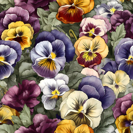 pansy flowers, purple petals, yellow centers, orange blooms, lavender hues, burgundy flowers, floral pattern, botanical design, garden flowers, quilting cotton, fabric panel, realistic illustration, dense floral, green foliage, spring blooms, violet tones, watercolor style, nature motif, seamless pattern, detailed petals