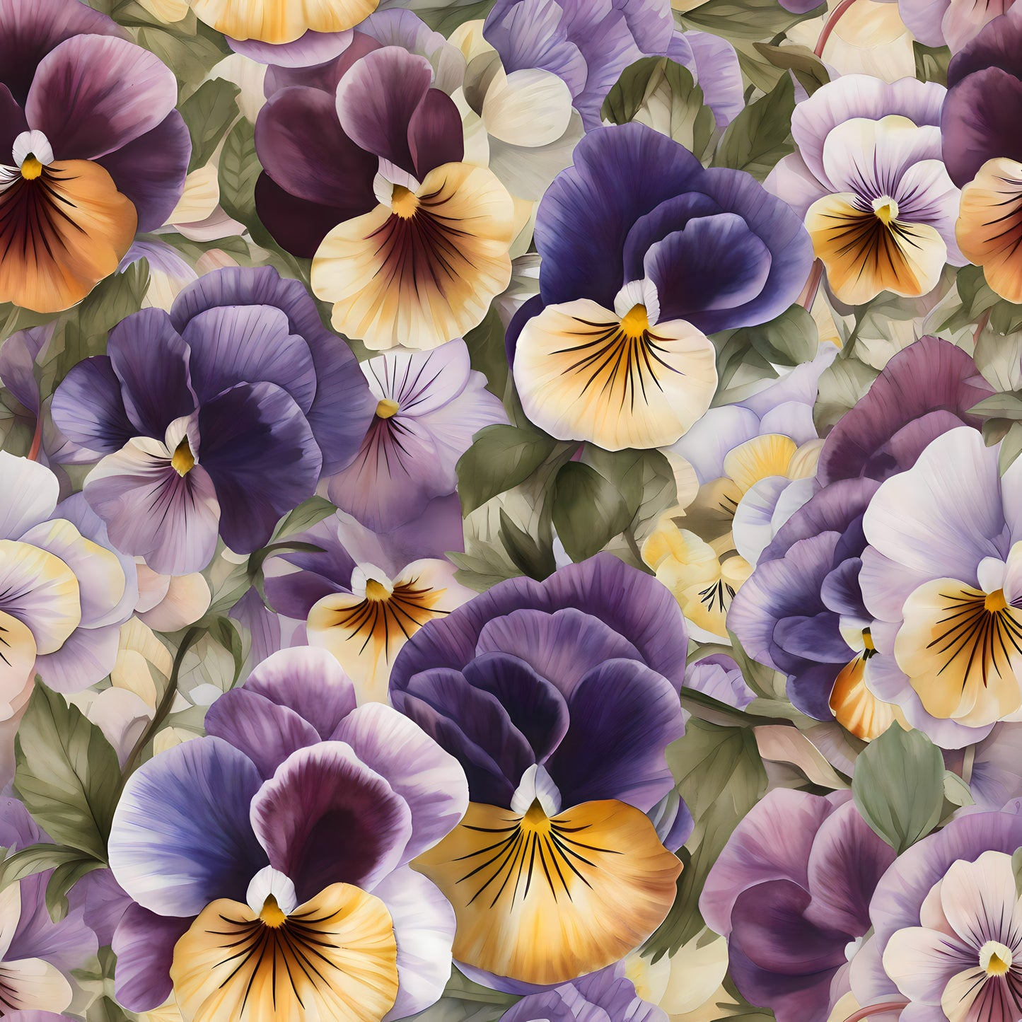 pansy flowers, purple petals, yellow petals, orange accents, green leaves, floral pattern, botanical design, realistic flowers, quilting cotton, fabric panel, garden flowers, spring blooms, violet shades, cream petals, densely packed, overlapping blooms, nature motif, flower faces, delicate petals, vibrant colors