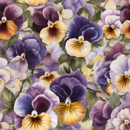 pansy flowers, purple petals, yellow petals, orange accents, green leaves, floral pattern, botanical design, realistic flowers, quilting cotton, fabric panel, garden flowers, spring blooms, violet shades, cream petals, densely packed, overlapping blooms, nature motif, flower faces, delicate petals, vibrant colors