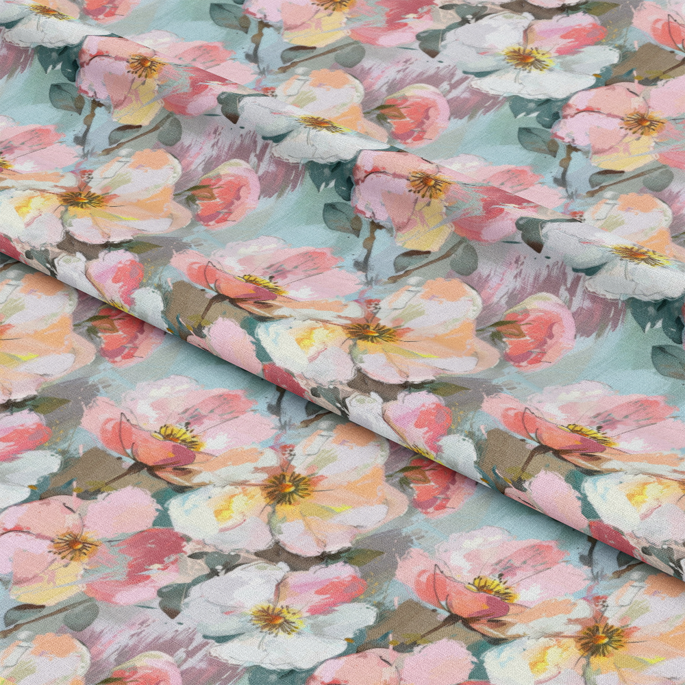 Pastel Abstract Painted Flowers Pattern 4 Quilting Cotton Fabric, floral, blossoms, petals, pink, peach, white, yellow, green leaves, soft, delicate, artistic, painted, abstract, cotton, quilting fabric, textile, yardage, spring colors, garden, decorative, craft material, fabric design, light blue background.