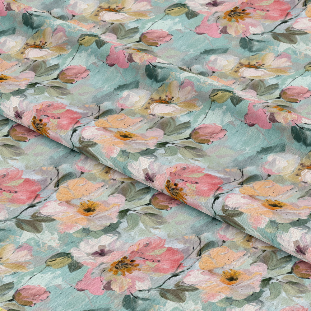 - Pastel Abstract Painted Flowers Pattern 7 Quilting Cotton Fabric  
- Floral design  
- Soft pinks, peaches, greens, and whites  
- Abstract flowers  
- Quilting cotton material  
- Gentle brushstroke style  
- Spring colors  
- Fabric yardage material  
- Light blue background  
- Artistic floral print