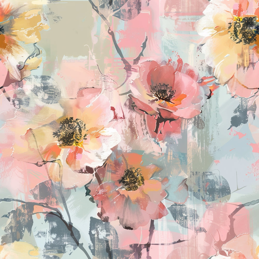 Abstract painting of pink and yellow flowers with green and gray brushstrokes in the background.