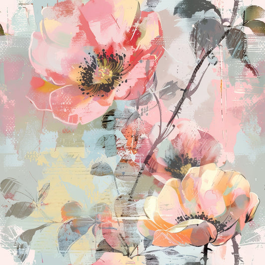 Abstract floral painting with large pink and yellow flowers, green leaves, and textured background in pastel shades.