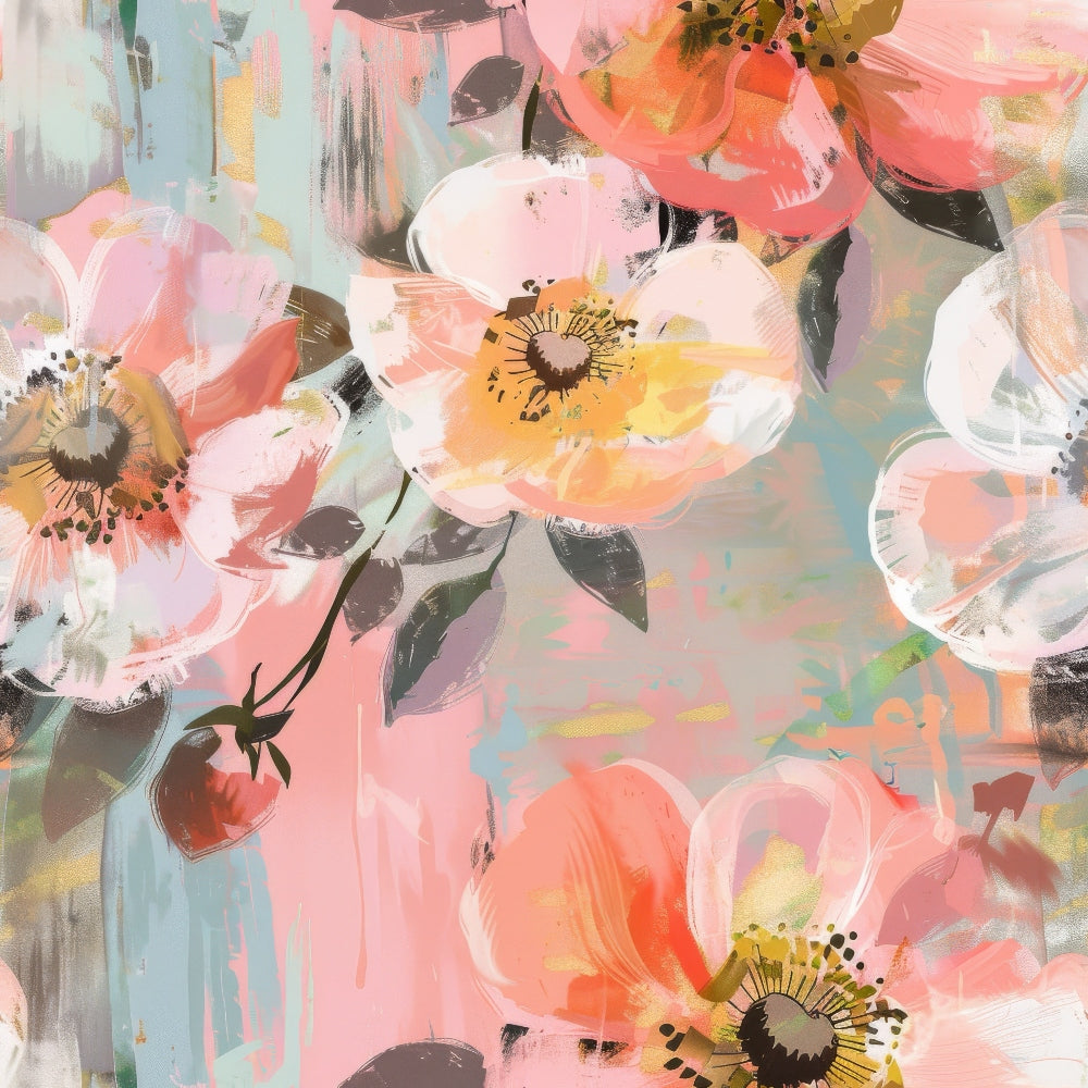 Abstract floral painting with large white, pink, and orange flowers on a multicolored background.