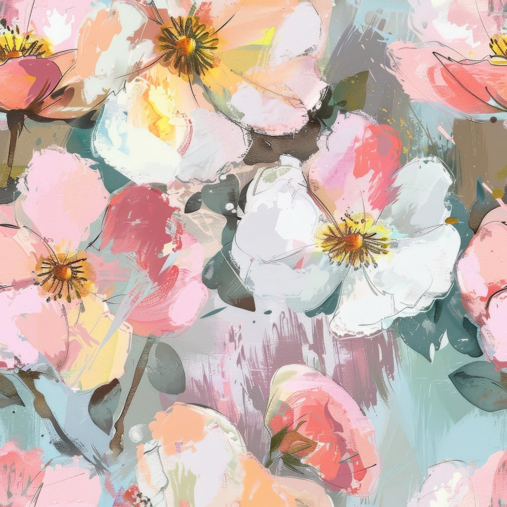 Abstract floral painting with large, expressive blooms in shades of pink, white, and yellow on a textured background.