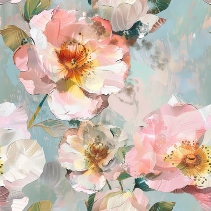 Colorful, abstract floral painting with large pastel pink, white, and orange flowers against a light blue background.