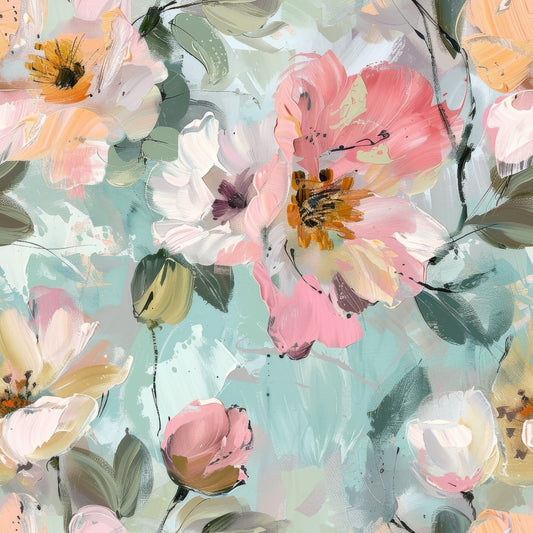 Abstract floral painting with pink, white, and peach flowers on a teal and green background, featuring bold brushstrokes and expressive detailing.