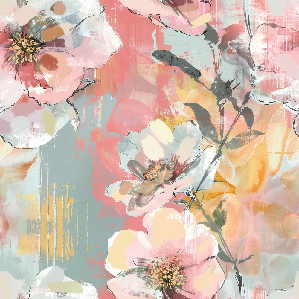 Illustrated flowers in soft pink, yellow, and white tones against a textured pastel background.