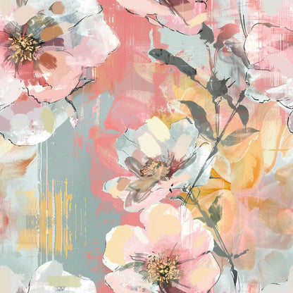 Illustrated flowers in soft pink, yellow, and white tones against a textured pastel background.