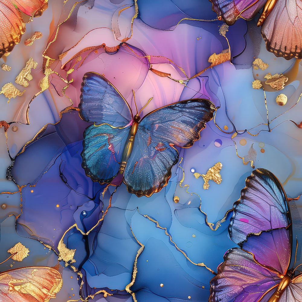 Colorful butterflies with translucent wings rest on a vibrant marbled background of blue, purple, and gold tones.