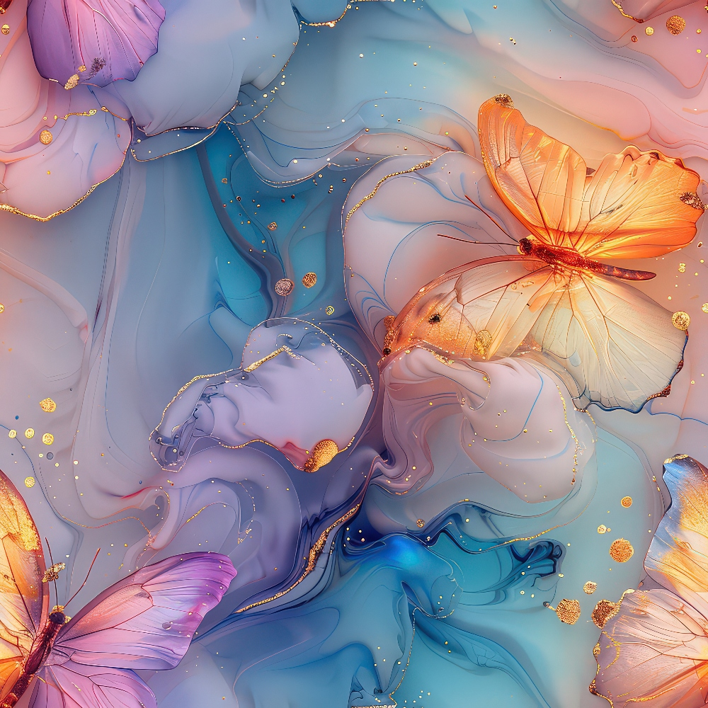 Abstract image of butterflies with translucent wings against a colorful, swirling background of blues and pinks, accented with gold flecks.