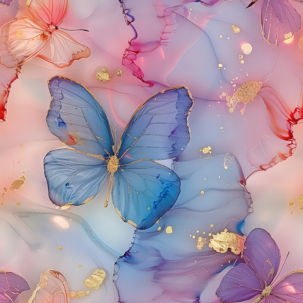 Blue and pink butterflies with gold accents on a pastel background, creating a delicate and dreamy abstract design.