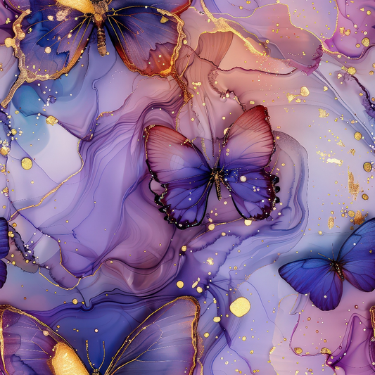 Colorful butterflies on a marbled purple and pink background with gold accents.