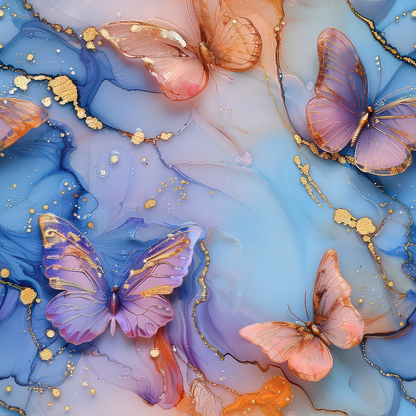 Colorful butterflies with gold accents on a fluid abstract background featuring blue, purple, and orange hues.