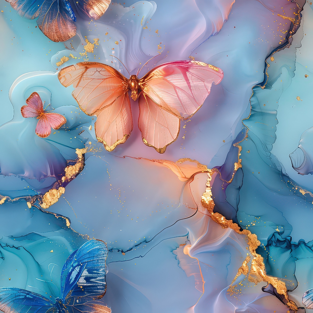 Butterflies with translucent wings rest on a blue and orange abstract marble background with gold accents.