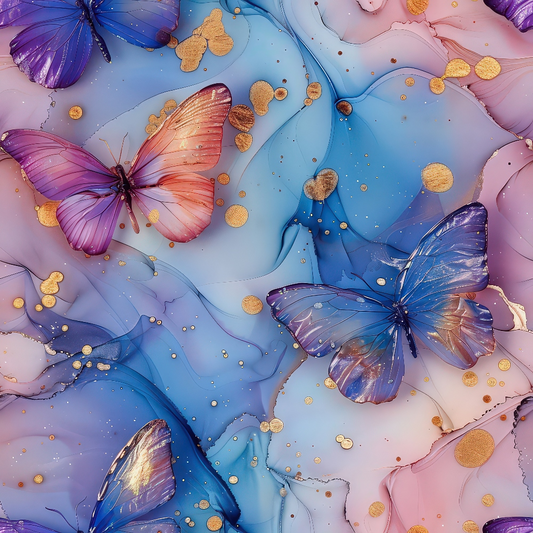 Abstract artwork featuring colorful butterflies on a swirling blue and pink background with gold accents.