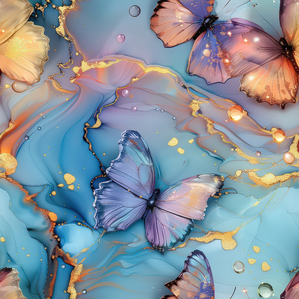 Colorful butterflies with gold accents on a vibrant blue and orange swirling background.