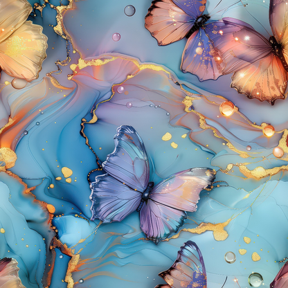 Colorful butterflies with gold accents on a vibrant blue and orange swirling background.