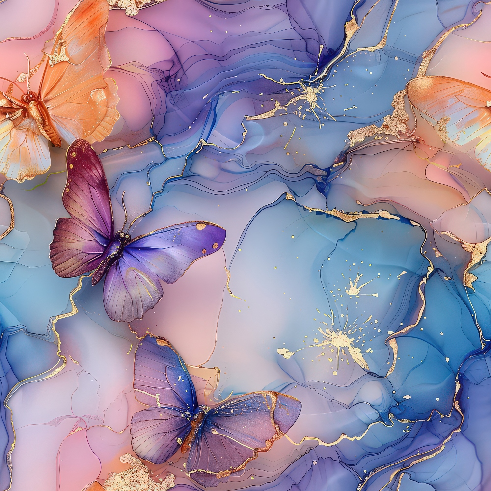 Abstract art featuring colorful butterflies on a swirling pastel backdrop with gold accents.