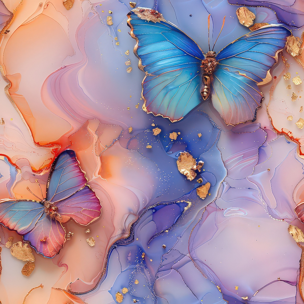 Two blue butterflies on a vibrant, swirling background of orange, pink, and purple with gold accents.