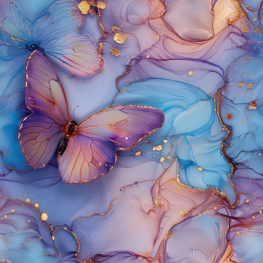 Colorful butterflies resting on a textured background of swirling blue, pink, and purple shades accented with gold flecks.