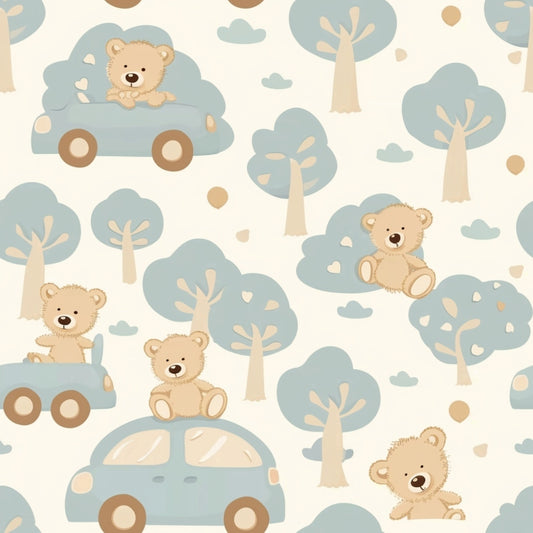 Pattern of teddy bears in or around blue cars and trees on a light background.